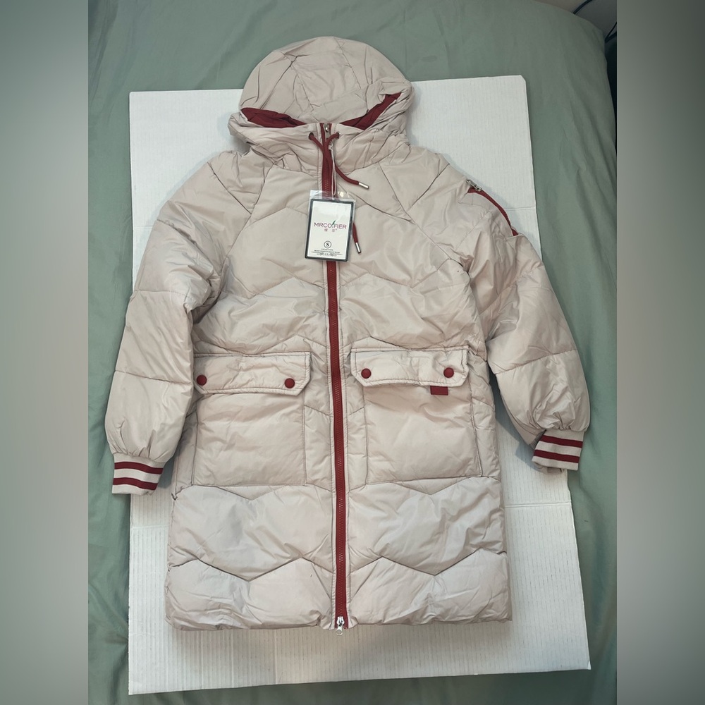 Women’s Cream and Red Long Puffer Coat with Hood